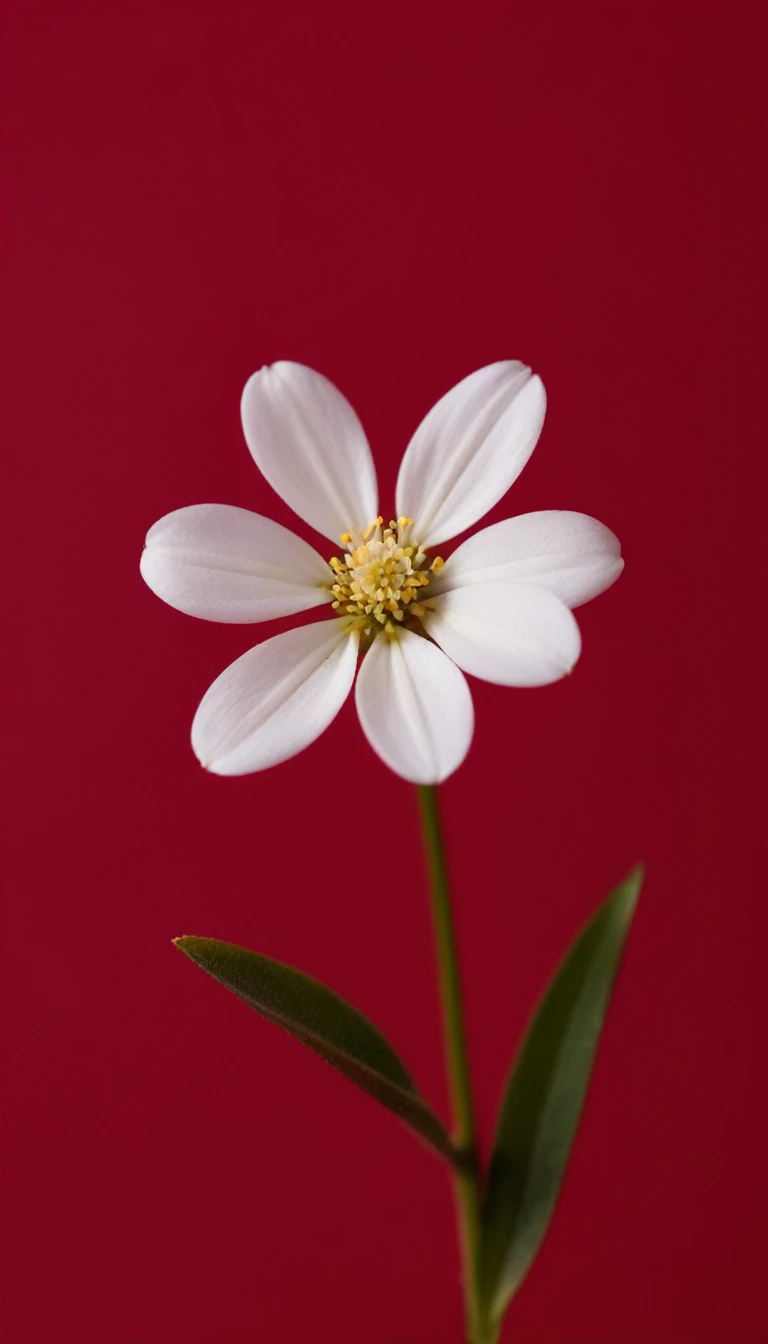 1 small white flower on a solid red background，50%White Space