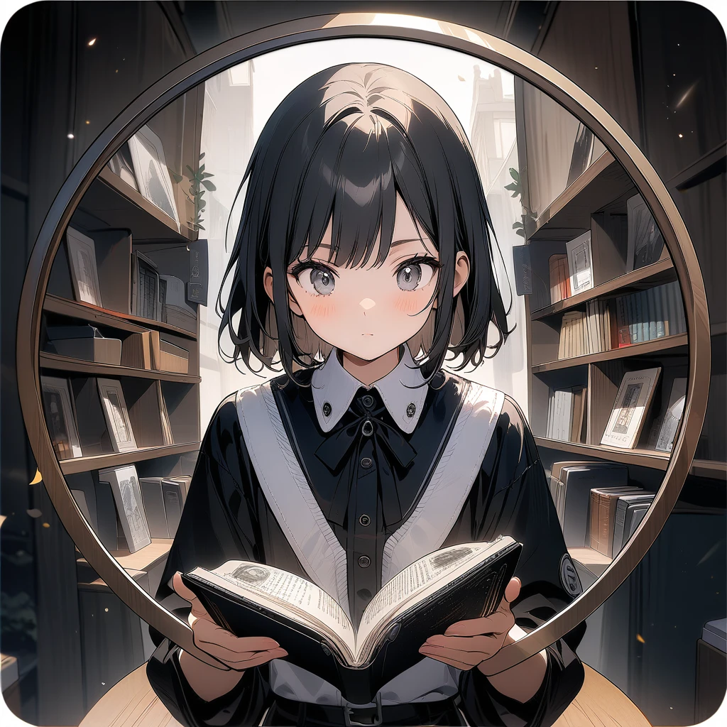 (circle frame1.7),1girl,, masterpiece art, reading silver book,icon, circle frame,