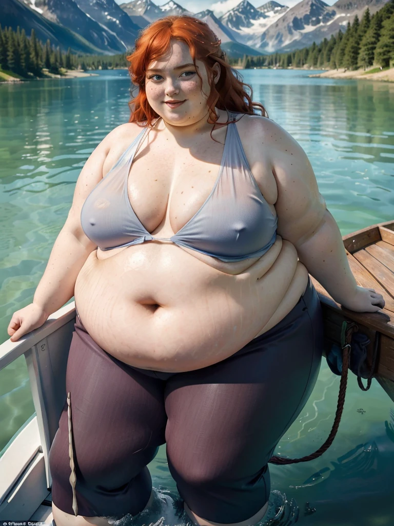 A wet happy photo of a young beautiful redhead bbw with long wavy ginger hair soft fat belly, wide fat obese hips, thick fat legs and fat arms, cute pretty face, small breasts, blue eyes, freckles, in long trousers and cute shirt, sitting in a boat, floating on a beautiful lake surronded by mountains