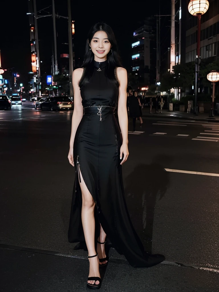 ((beautiful Japanese woman:1.5)), alone, ((full body:1.3)) ((smile:1.3)), ((27 years old,)), tall, slim, (Genuine skin texture:1.3), with loose, wavy black hair cascading down her back long legs, braided sandals, high heel, (((long black luxury dress: 1.5))), (((sleeveless: 1.5)) ), fitted, accentuating the curves of your body, athletic, attractive and sexy with perfect anatomy, elegant, elegant fashion, Tokyo city, night atmosphere, with the moon and stars shining in the sky, (Photorealistic: 1.4), photo raw, (film grain:1.3)