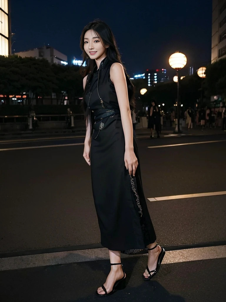 ((beautiful Japanese woman:1.5)), alone, ((full body:1.3)) ((smile:1.3)), ((27 years old,)), tall, slim, (Genuine skin texture:1.3), with loose, wavy black hair cascading down her back long legs, braided sandals, high heel, (((long black luxury dress: 1.5))), (((sleeveless: 1.5)) ), fitted, accentuating the curves of your body, athletic, attractive and sexy with perfect anatomy, elegant, elegant fashion, Tokyo city, night atmosphere, with the moon and stars shining in the sky, (Photorealistic: 1.4), photo raw, (film grain:1.3)