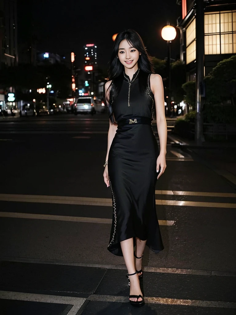 ((beautiful Japanese woman:1.5)), alone, ((full body:1.3)) ((smile:1.3)), ((27 years old,)), tall, slim, (Genuine skin texture:1.3), with loose, wavy black hair cascading down her back long legs, braided sandals, high heel, (((long black luxury dress: 1.5))), (((sleeveless: 1.5)) ), fitted, accentuating the curves of your body, athletic, attractive and sexy with perfect anatomy, elegant, elegant fashion, Tokyo city, night atmosphere, with the moon and stars shining in the sky, (Photorealistic: 1.4), photo raw, (film grain:1.3)