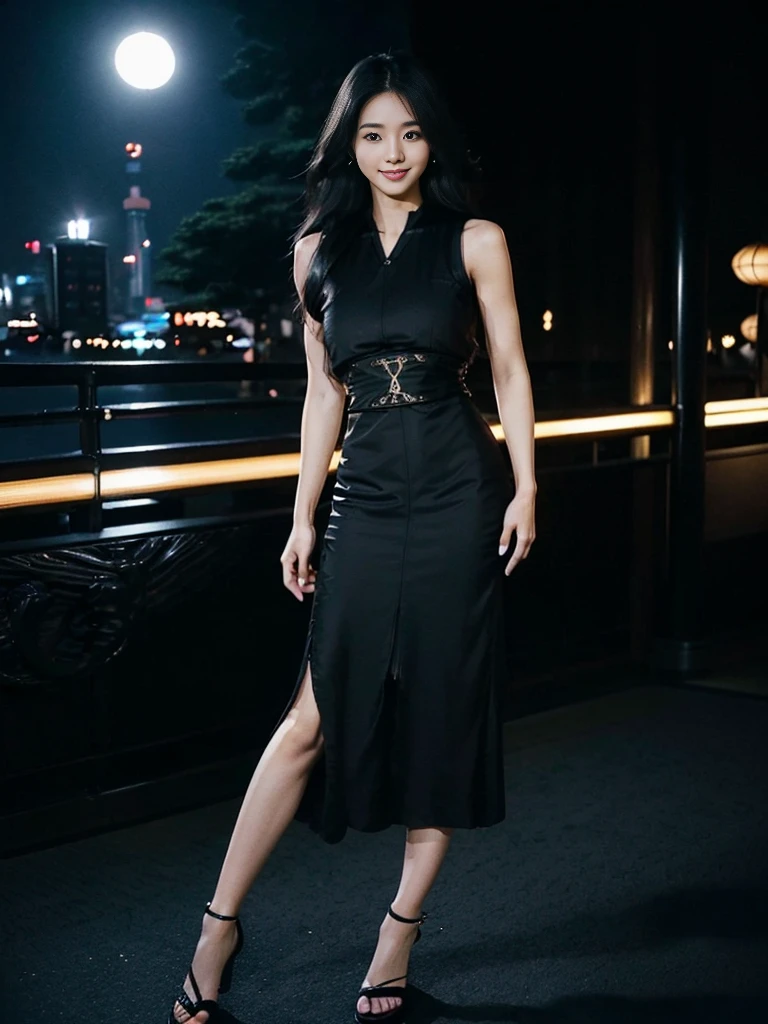 ((beautiful Japanese woman:1.5)), alone, ((full body:1.3)) ((smile:1.3)), ((27 years old,)), tall, slim, (Genuine skin texture:1.3), with loose, wavy black hair cascading down her back long legs, braided sandals, high heel, (((long black luxury dress: 1.5))), (((sleeveless: 1.5)) ), fitted, accentuating the curves of your body, athletic, attractive and sexy with perfect anatomy, elegant, elegant fashion, Tokyo city, night atmosphere, with the moon and stars shining in the sky, (Photorealistic: 1.4), photo raw, (film grain:1.3)