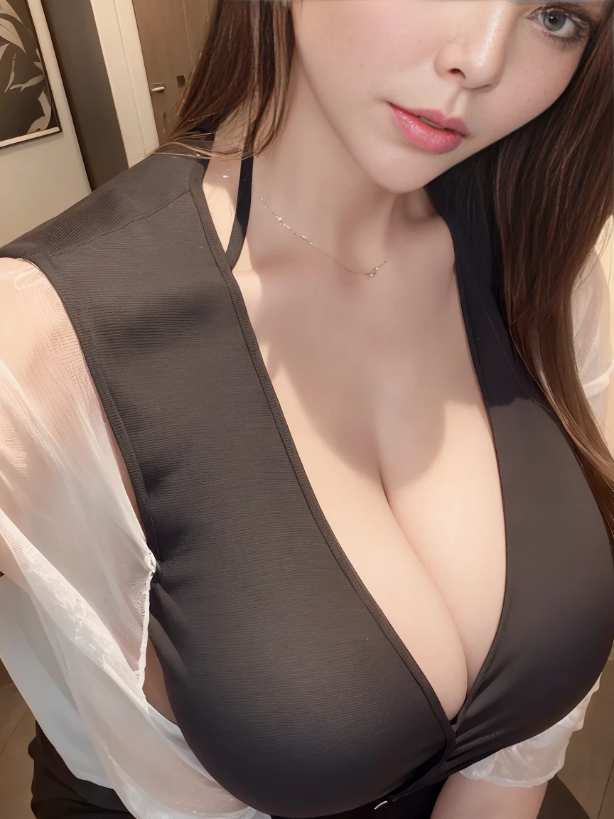 8k wallpaper,top-quality,masuter piece,ultra-high resolution,HDR,Photo Real,realistic and natural rendering,Sharp focus with a background bokeh effect,Precise reproduction of skin texture and makeup details,Cute girl, 23-years old,large , big king at the camera,solo, thin waist,enchanting posture, enticing, Attractive facial expressions, diffused lighting, detailed background of office, light on face, Close to camera,coquettish exprion, dressed in business attire, including a blazer and blouse,(medium close-up shot:1.5),(ecstasy:1.3) ,(slu(vulgarity:1.3),(fucked silly:1.1),(orgasm(cleavage-enhancing