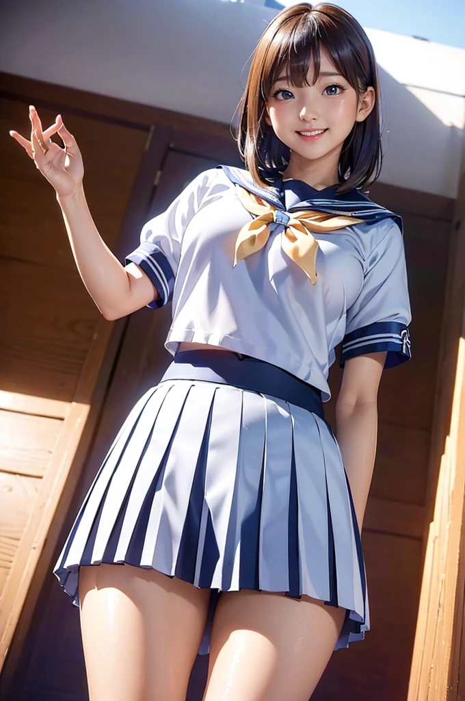 (masterpiece,Highest quality,High resolution,Realistic:1.2),(1girl:1.5),((Short-sleeved white sailor suit:1.3),(Short navy blue pleated skirt:1.3),White panties slightly exposed:1.3),(Smiling with teeth showing:1.3),(Bobcut, Brown Hair:1.3),(Revealing his toned abs:1.2),(Photographed from the waist up:1.5),( Japanese female:1.2),(The clothing size fits perfectly:1.2),(School corridor:1.3), (Camel Toe:1.3), (Thick thighs:1.2), (A is a view from below:1.4)