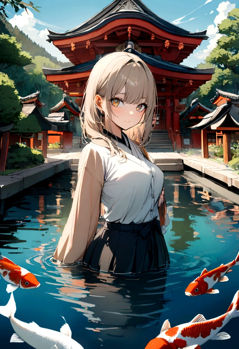 1girl, looking at the viewer, water, pond, lake, shrine, koi