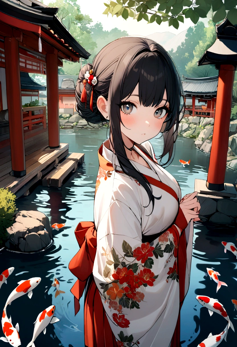 1girl, looking at the viewer, water, pond, lake, shrine, koi