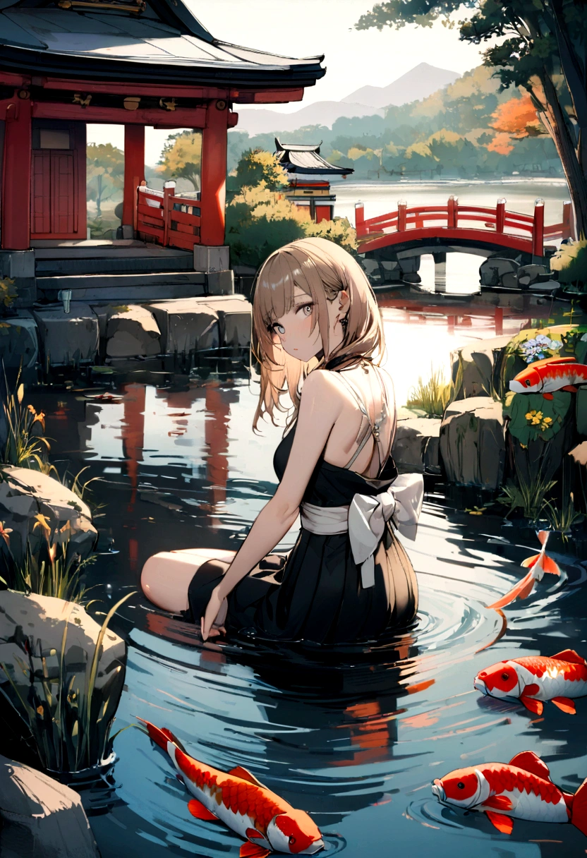 1girl, looking at the viewer, water, pond, lake, shrine, koi