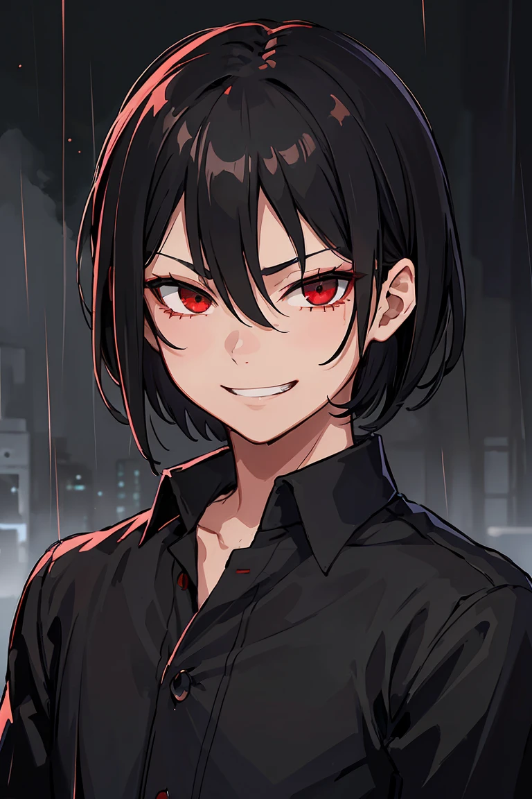 masterpiece, dark night, boy, John Liebert, wavy black hair, short hair, 20 years, Red eyes, Brilliant eyes, Gloomy smile, grin, the villain, narrowed eyes, very detailed beautiful face and eyes, portrait, shirt, rain, blood