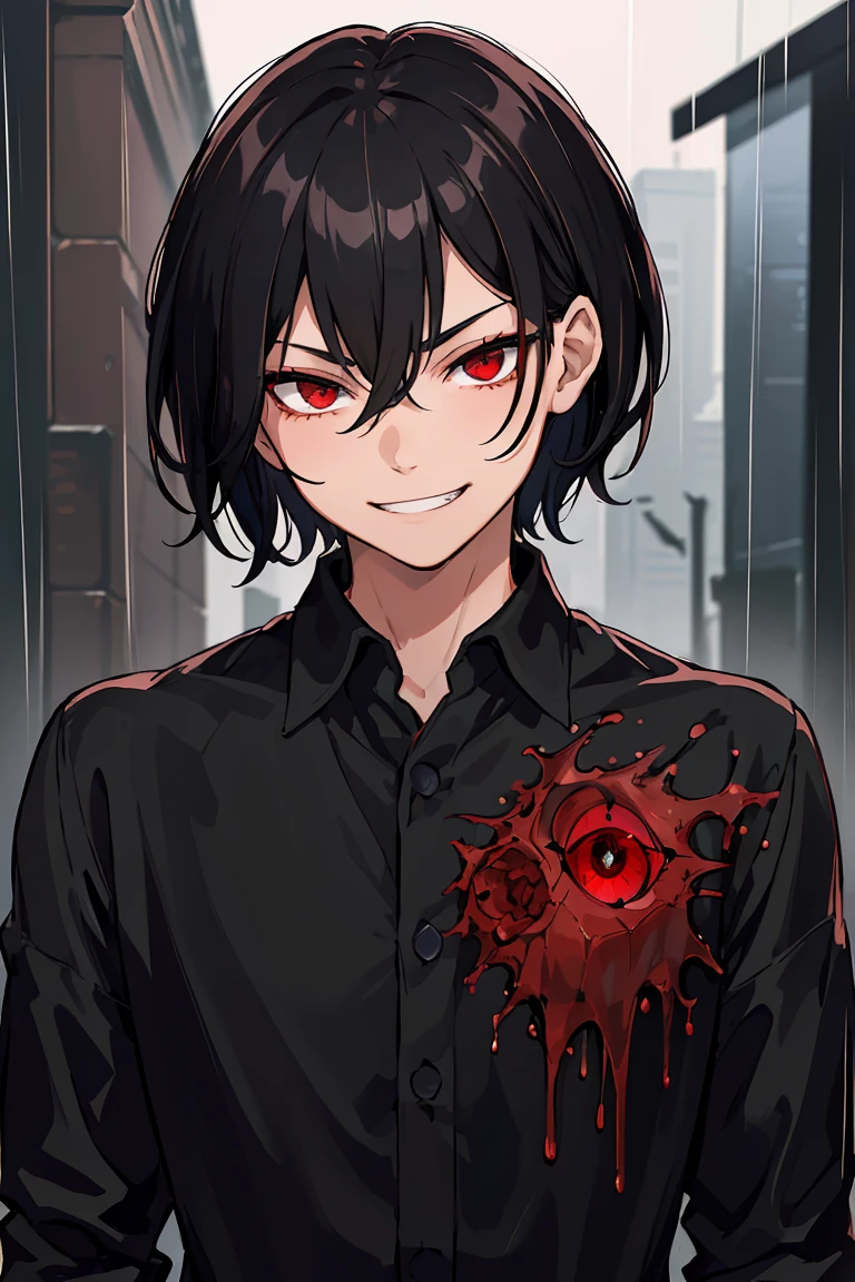 masterpiece, dark night, boy, John Liebert, wavy black hair, short hair, 20 years, Red eyes, Brilliant eyes, Gloomy smile, grin, the villain, narrowed eyes, very detailed beautiful face and eyes, portrait, shirt, rain, blood