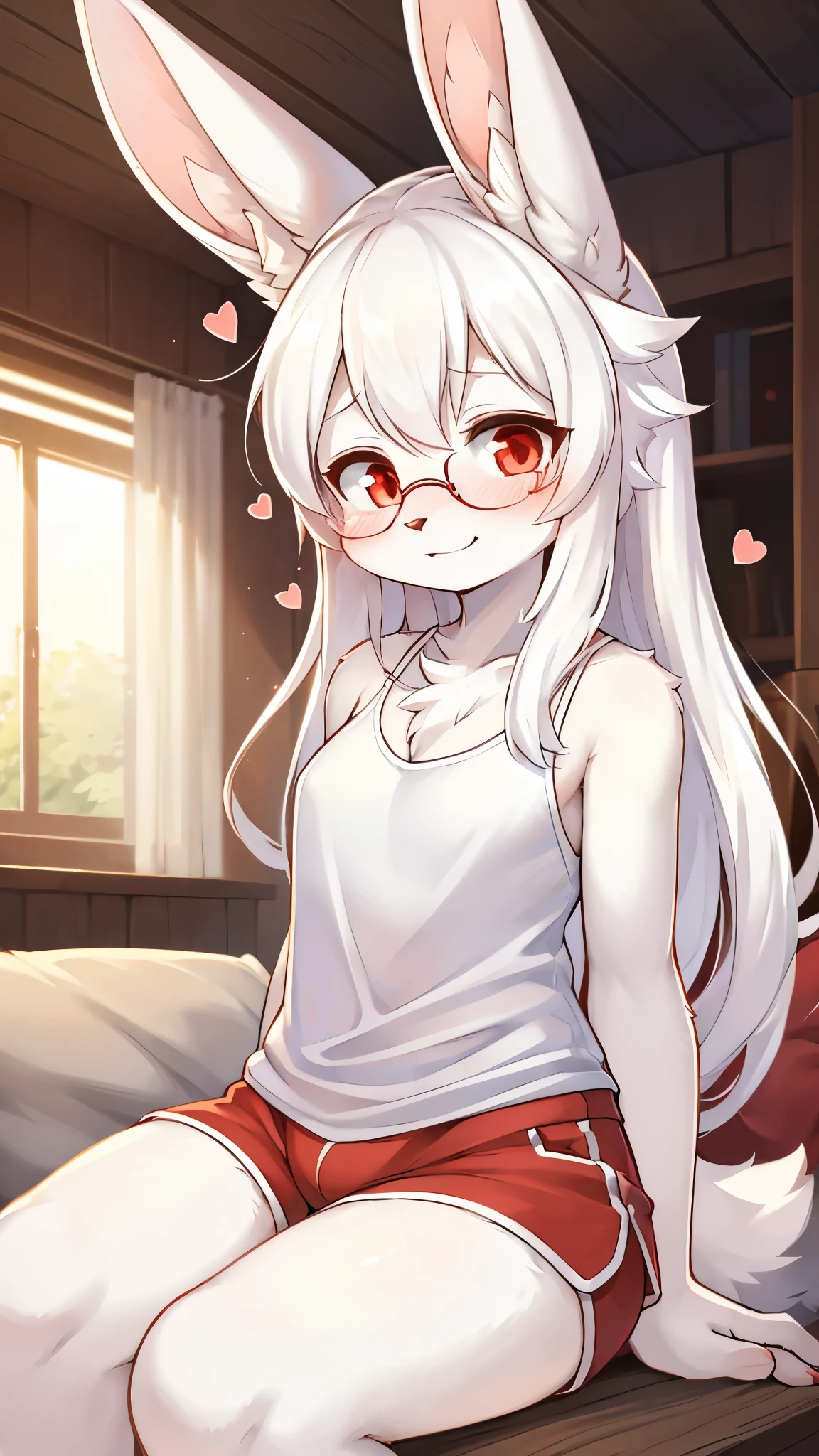 best quality,best resolution,(fluffy anthro furry :1.6),(young :1.8),rabbit girl,flat chest,white hair,long hair,red eyes,glistering eyes,sparkle eyes,(white rabbit ears :1.3),white rabbit tail,(white fur :1.6),(white camisole :1.6),(red shorts),glasses,ribbon hairpins,morning,beautiful living room,full face blush,looking at viewer,(heart expression eyes),(heart eyes),shy face,smile,sitting,lean forward