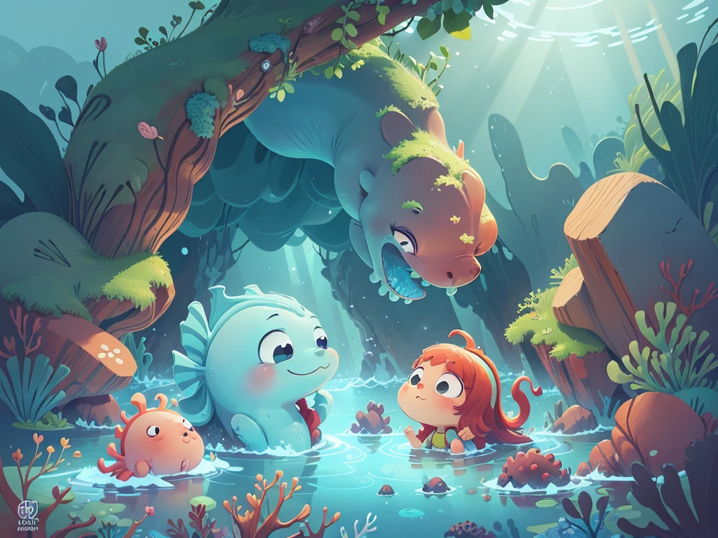 cartoon,seahorse,ocean,Illustrations for Children,4k,8k,cute,Marine Organisms,underwater