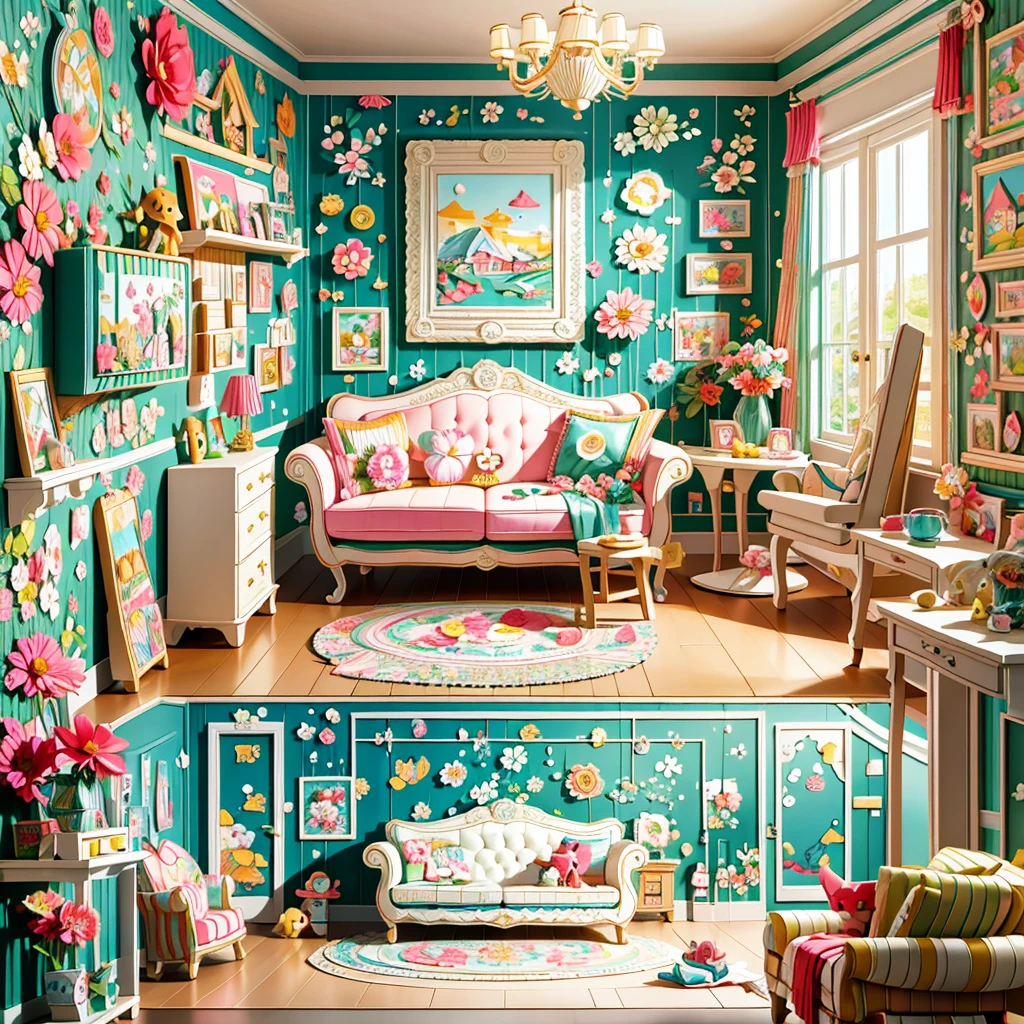 (masterpiece, best quality:1.2), 3d paper cut style,Cartoon,cute,(Living room paper cutting art),Cute room decoration,(paper art furniture),(Sofa made from folded and decoupage paper,chairs and tables),Whimsical patterns,(The walls are decorated with animals,flowers,Landscape and other paper art cartoon drawings),Lively and joyful atmosphere.
A picture of a trapped girl.