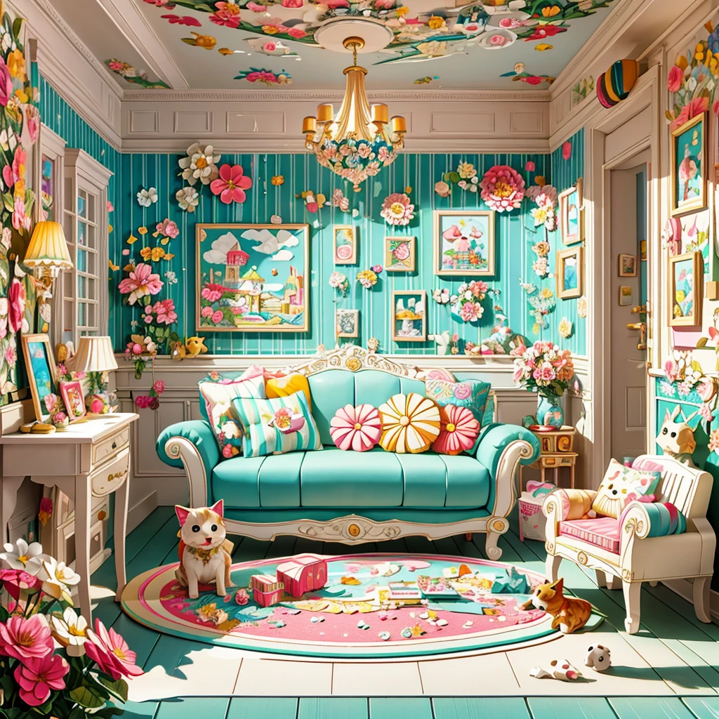 (masterpiece, best quality:1.2), 3d paper cut style,Cartoon,cute,(Living room paper cutting art),Cute room decoration,(paper art furniture),(Sofa made from folded and decoupage paper,chairs and tables),Whimsical patterns,(The walls are decorated with animals,flowers,Landscape and other paper art cartoon drawings),Lively and joyful atmosphere.
A picture of a trapped girl.