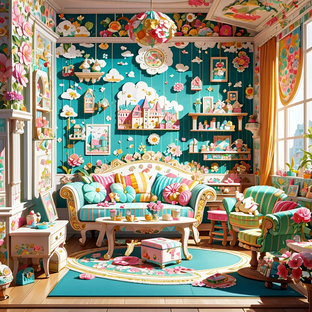 (masterpiece, best quality:1.2), 3d paper cut style，Cartoon，cute，(Living room paper cutting art)，Cute room decoration，(paper art furniture)，(Sofa made from folded and decoupage paper，chairs and tables)，Whimsical patterns，(The walls are decorated with animals，flowers，Landscape and other paper art cartoon drawings)，Lively and joyful atmosphere.

A picture of a trapped girl.