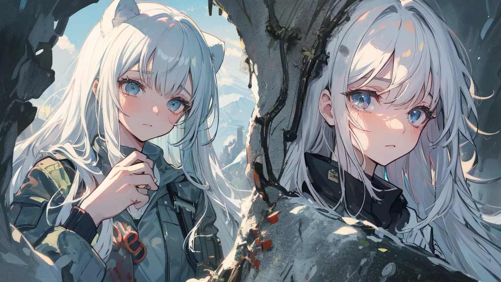 masterpiece:1.2), best quality , 独奏 ,pixiv, anime girl ,long straight white hair , black eyes ,Wearing off-white camouflage uniform ,ten years old,modern battlefield,(Eyes looking into the distance:1.3),(look away:1.5),snowy weather,dirty face,blood on forehead,dirty face,Backlight,Bare rocky peaks ,The expression is sad,leave tears,When the war situation seems to be developing for the better,,A girl wakes up from her deep sleep,She doesn't understand her own life、Not sure about the power in the body,As pure as white paper。At the same time, another soul is sleeping inside the girl's body.,it was an accident,It is also one of the waves that changes the world。Figures are smaller