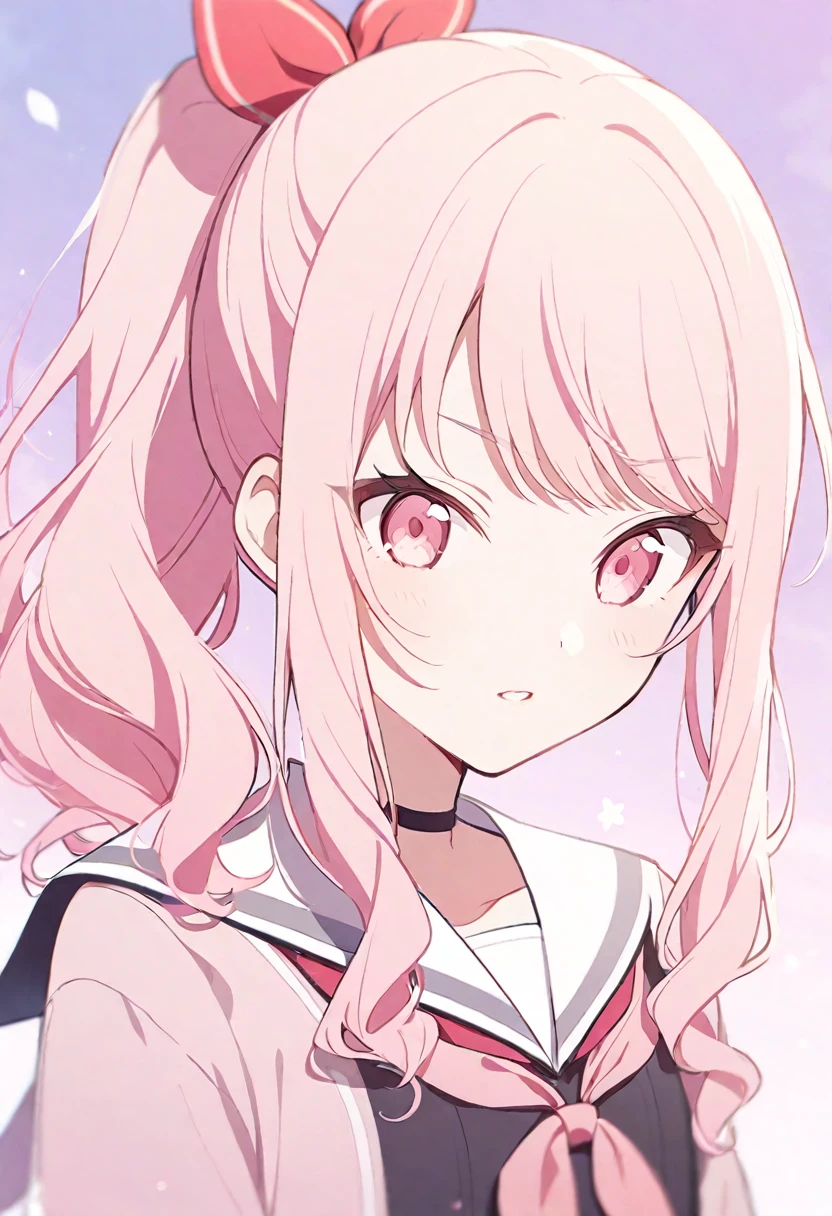 1girl,solo,akiyama mizuki,lpink hair,,red bow,pink eyes,black sailor suit,white sailor collar,pink purple neckerchief,project sekai,long ponytail,cute,kawaii,upper body,
