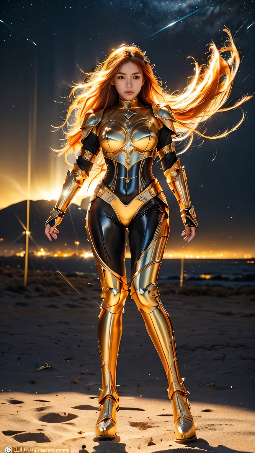 ((best quality)), ((masterpiece)), (ultra detailed lights), ((full body shot)), ((skinny body)), indonesian girl, extremely beautiful, ((slim body)), thighs gap, ultra face details, 20 years old, ((orange curvy-hair)), ((hair blown by strong winds :1.3)), Award-winning photograph, ((symmetrical pose)), teen goddess with (golden sword) in ((full body golden black armor)) are in the middle of battlefield, posing in the middle, intricate details, ((thight golden armour)), ((extremely details armor)), ((tight latex pants)), ((24k-gold armor)), ((edge luminous armor)), cameltoe, luminescent, epic lights reflections, she is posing with ((Athena's golden bow)), at beach, full of stars, orange clouds, nebula sky, epic aurora borealis in the background, shooting stars, ((from below))