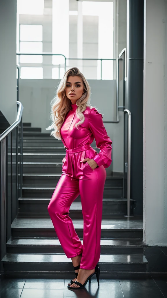 fashion influencer posing in front of a vintage car at an urbaoman with platinum blonde hair cascading in waves over her shoulders, wearing a vibrant fuchsia jumpsuit. The jumpsuit should be tailored, with a structured fit, a cinched waist, and long sleeves, highlighting a confident pose. She’s ascending a modern industrial staircase with black steps and metal railings, turning her head to gaze directly at the viewer. The setting is an airy, contemporary space with large windows and minimalist decor. The lighting is bright and focused, casting soft shadows and giving the scene an urban, edgy feeln renewal site --ar 9:16 --cw 0 