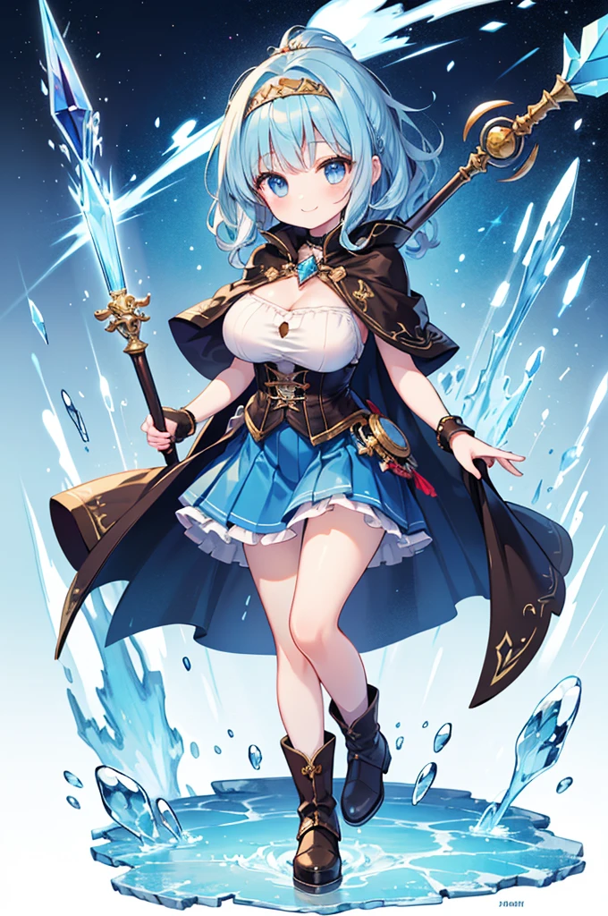 Fantasy,((Masterpiece)),((high resolution)),((Best Quality)),Anime illustration,((1girl)),(wavy hair),(short hair),(pale blue hair color),small ponytail,headband,Indigo eyes,(Big round eyes),((tareme)),((child)),12 years old,((baby face)),(((very big breasts))),Short stature,Young,(loli),,ice wizard,sleeveless white blouse,Blue mini skirt,slit,Brown corset,brown capelet,smile,,Brown long boots,wizard's wand with blue gem,