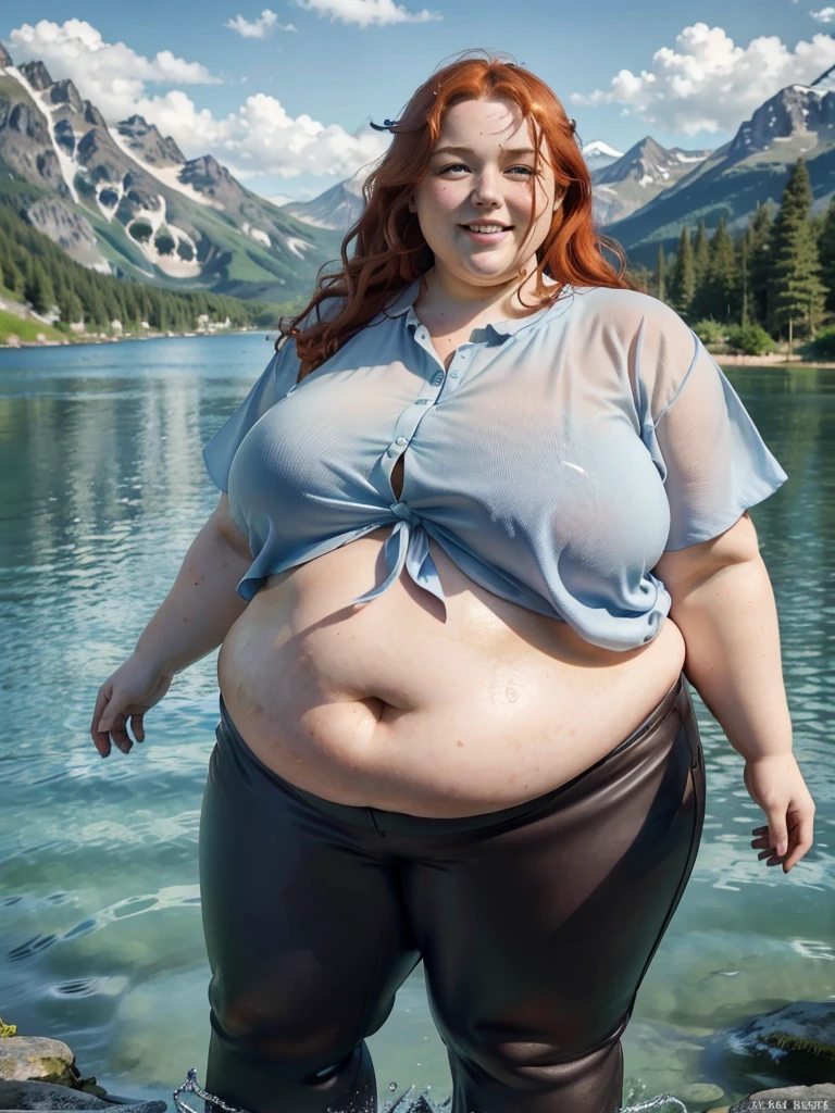 A wet happy photo of a young beautiful redhead bbw with long wavy ginger hair soft fat belly, wide fat obese hips, thick fat legs and fat arms, cute pretty face, small breasts, blue eyes, freckles, in long trousers and cute shirt, floating on a beautiful lake surronded by mountains