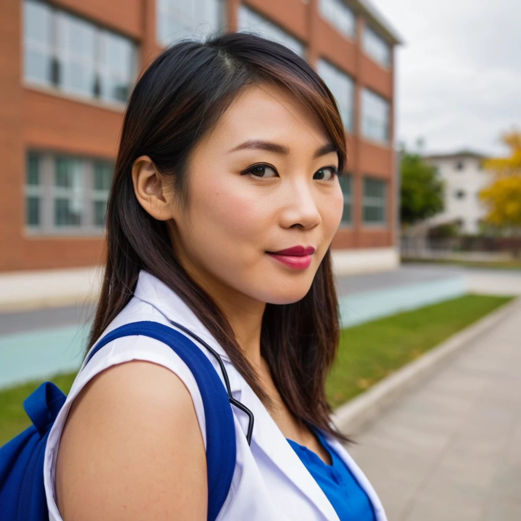 headshot photo of a asian doctor woman, 35years old, brown skin, fat, looking at viewer, side view, school at the background