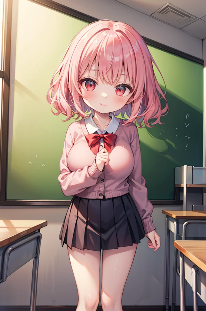 Fantasy,((Masterpiece)),((high resolution)),((Best Quality)),Anime illustration,((1girl)),(wavy hair),(short hair),(pale pink hair color),small ponytail,Red eyes,(Big round eyes),((tareme)),((child)),,((baby face)),((very big breasts)),Short stature,Young,(loli),,,card,mini skirt,smile,Ladylike,classroom,