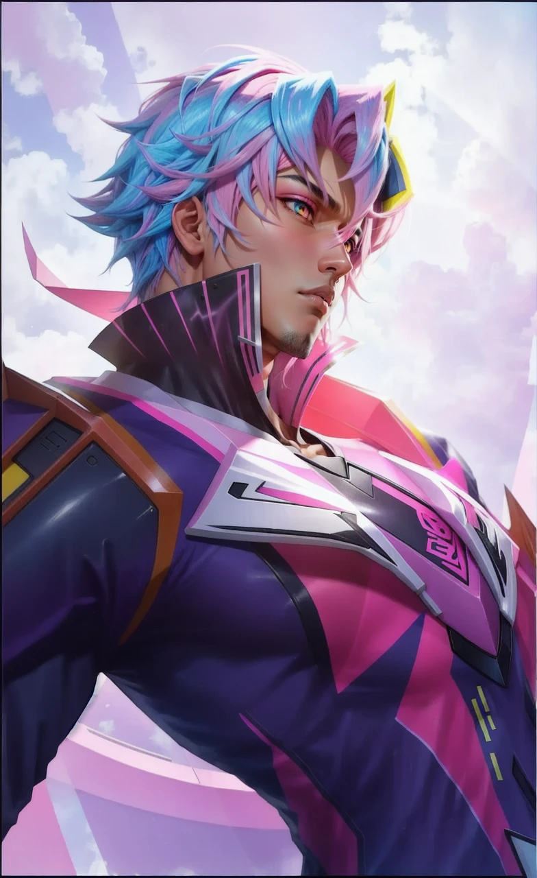 Two-dimensional pink hair, black skin, yellow eyes, suit handsome