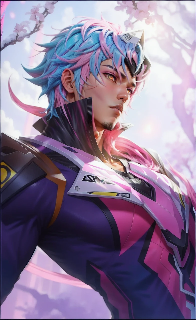 Two-dimensional pink hair, black skin, yellow eyes, suit handsome