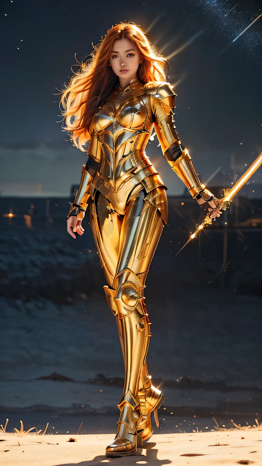 ((best quality)), ((masterpiece)), (ultra detailed lights), ((full body shot)), ((skinny body)), indonesian girl, extremely beautiful, ((slim body)), thighs gap, ultra face details, 20 years old, ((orange curvy-hair)), ((hair blown by strong winds :1.3)), Award-winning photograph, ((symmetrical pose)), goddess with (golden sword) in ((full body golden black armor)) are in the middle of battlefield, posing in the middle, intricate details, ((thight golden armour)), ((extremely details armor)), ((tight latex pants)), ((24k-gold armor)), ((edge luminous armor)), cameltoe, luminescent, epic lights reflections, she is posing with ((Athena's golden bow)), at beach, full of stars, orange clouds, nebula sky, epic aurora borealis in the background, shooting stars, ((from below))