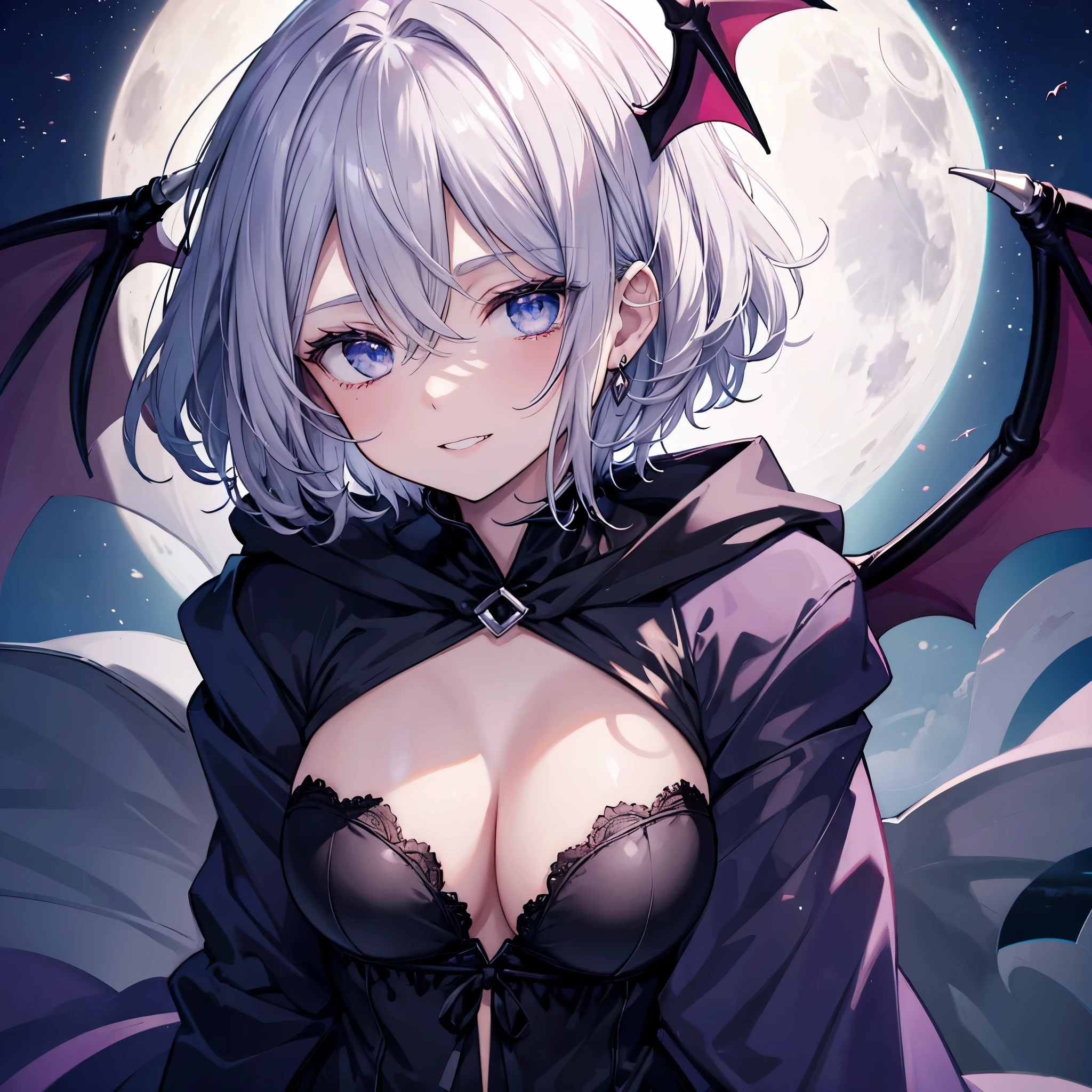 ((((vampire Inflammation)))) (((Gray Hair short hair blue eyes woman Center close-up))),((night full moon My own big wings)),(Wearing a hood Black camisole Purple light Wearing a cloak), Creepy Smile Showing teeth Shining Background Shining Edges
