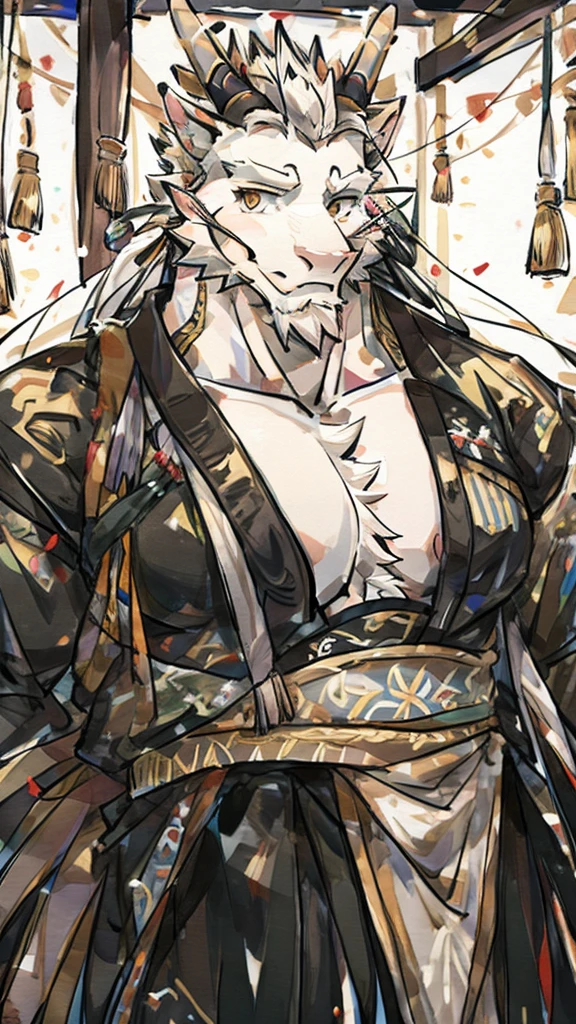 (white eastern dragon),furry,white mustache,big pecs,hearty males,muscular,black imperial robe,naked,adult,traditional_chinese_room，head portrait