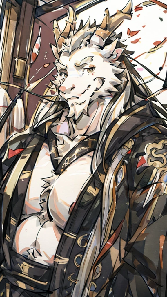 (white eastern dragon),furry,white mustache,big pecs,hearty males,muscular,black imperial robe,naked,adult,traditional_chinese_room,head portrait