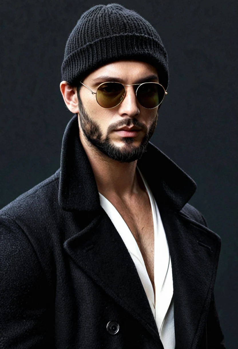 A male,(Leon:2.1),( :1.1), Killer, sunglasses, Round Sunglasses, Beanie, portrait, Short beard, Black wool coat, White lingerie, (( Dark, Intricate details, Realistic style, Tar Painting, dark, Digital Illustration, Mixed media works, Deep Shadows ))