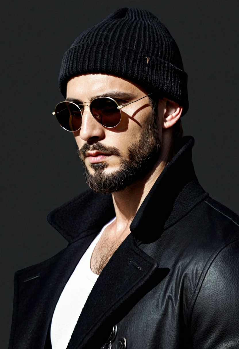 A male,(Leon:2.1),( :1.1), Killer, sunglasses, Round Sunglasses, Beanie, portrait, Short beard, Black wool coat, White lingerie, (( Dark, Intricate details, Realistic style, Tar Painting, dark, Digital Illustration, Mixed media works, Deep Shadows ))