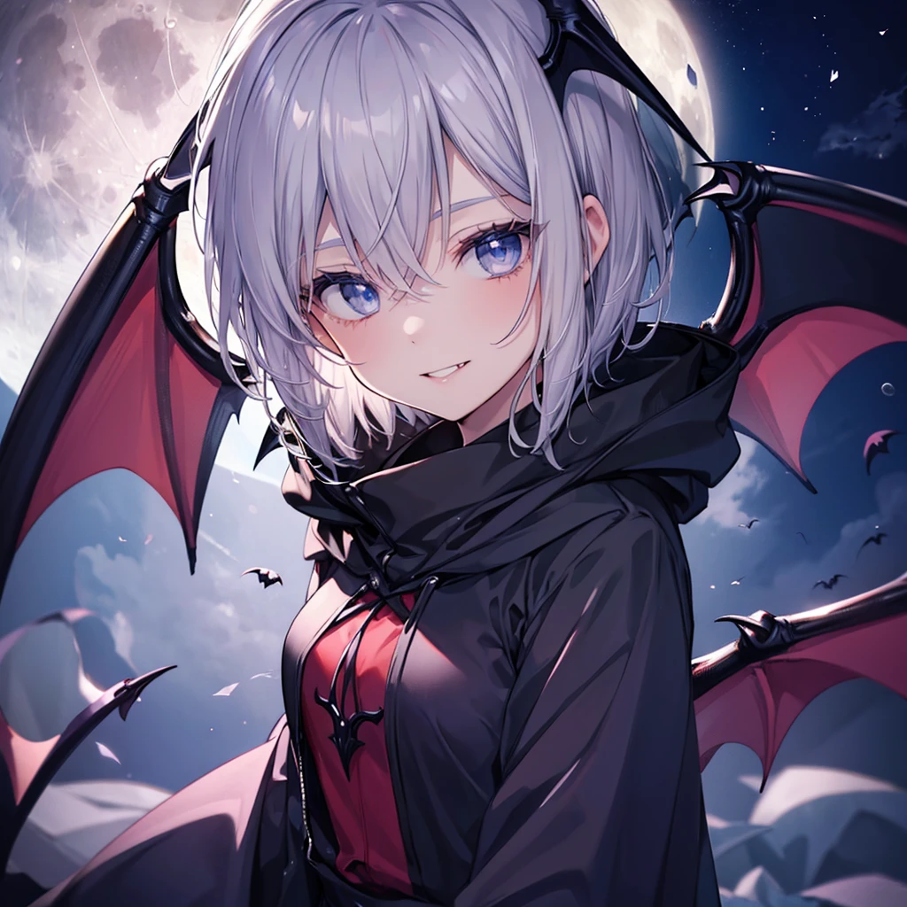 ((((vampire　Inflammation))))　(((Gray Hair　short hair　blue eyes　woman　Center close-up)))，((night　full moon　My own big wings))，(Wearing a hood　Black camisole　Purple light　Wearing a cloak)，　A strained smile　Shining Background　Shining Edges