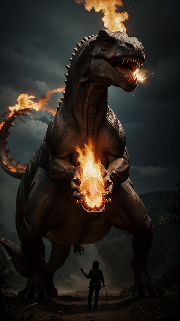 Giant dinosaur breathing fire，Fear，Dark