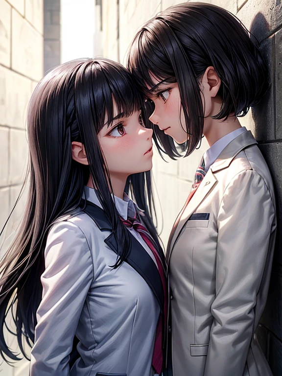 An 18-year-old female and a 12-year-old female,Black Hair,White blazer,(They put their faces close together and glare at each other),Intimidating the opponent,Touching the other person's chest,School,Wall,Facing each other,whole body,Side angle