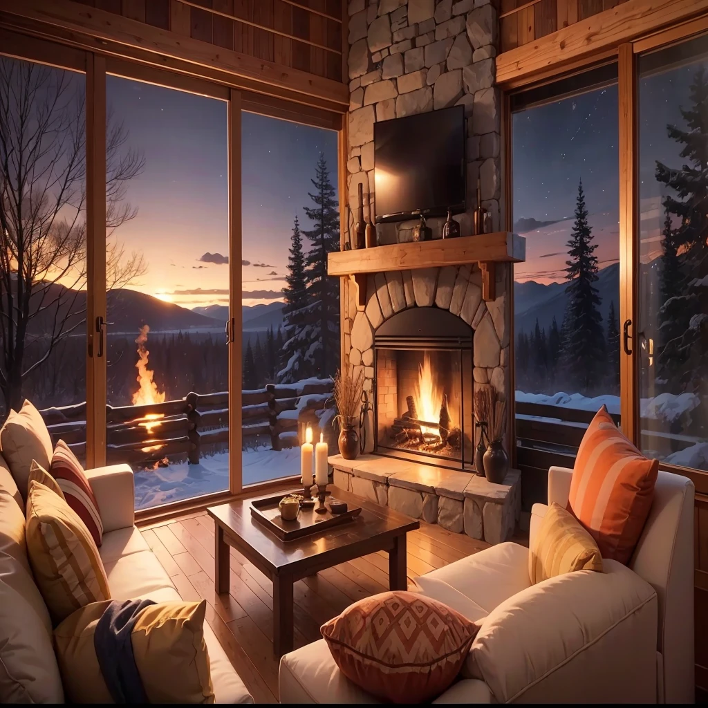 Wooden cabin living room anime background, this night outside](cozy atmosphere), (subtle lighting), bright stone fireplace fire, this best quality evening, transparent glass windows