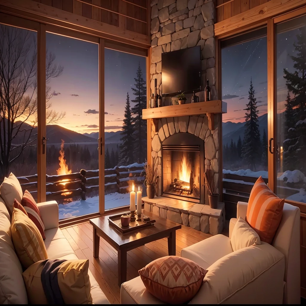 Wooden cabin living room anime background, this night outside](cozy atmosphere), (subtle lighting), bright stone fireplace fire, this best quality evening, transparent glass windows