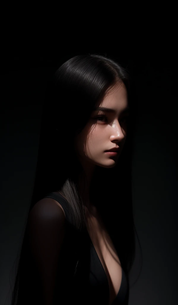 4k, realistic, cinematic, very detail, studio photography, light and shade shot, Low key photo, dark shot,20 yo girl , profile shot, shot by side, extreamly dark, Silhouette with rim light, long hair, hair light, 25 years old, white skin, full body, masterpiece, photorealism, soft light, rim light.