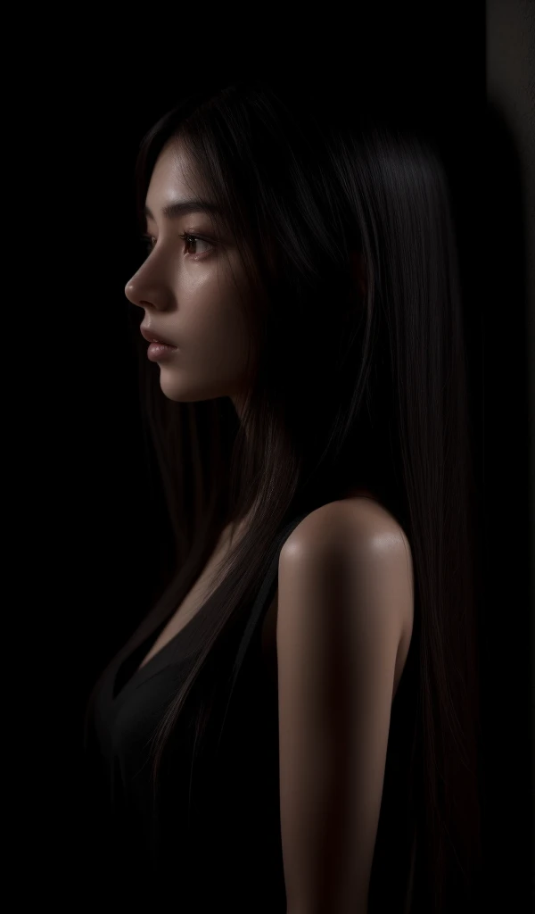4k, realistic, cinematic, very detail, studio photography, light and shade shot, Low key photo, dark shot,20 yo girl , profile shot, shot by side, extreamly dark, Silhouette with rim light, long hair, hair light, 25 years old, white skin, full body, masterpiece, photorealism, soft light, rim light.