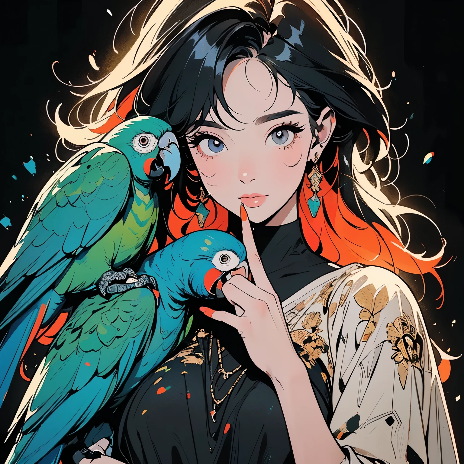 (((Beautiful bird with One Woman))), (((A very large parrot on your shoulder))), wonderful, Very detailed face and eyes, Dripping Paint, (((Perfect bird))), Complex, wonderful, wonderful, Gold leaf trim, magic, Masterpiece Painting, Very detailed, Fascinating, Fascinating, intense, Scattered Light, Built using the Golden Ratio, Awards, Perfect composition, Ultra HD, 8K, Realistic, Very detailed, One Woman, (((finger to mouth))),(((Perfect Fingers)),(((Perfect hands)), Black background, (((Splattering colorful paint)))
