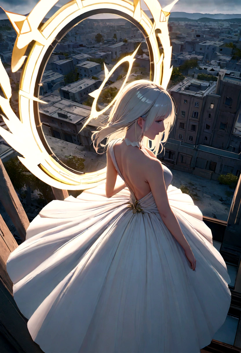 One (Back view:1.5) A very beautiful female angel\(Long platinum hair, wide back white dress,(From her chest hangs big, beautiful angel wings.),Very beautiful shining halo\), She has her arms wide open as if asking for help., She&#39;s on the clouds、Looking down at the world below, Fierce war\((Lots of sparks and fire), fail, Fighter, Many buildings collapsed, Nature is destroyed, Magnificent and spectacular views\) It&#39;s happening under the clouds, BREOneK ,quality\(8K,非常に精細なCGユニットのwallpaper, masterpiece,High resolution,top-quality,top-quality real texture skin,Surreal,Increase the resolution,ROneW photos,最高quality,Very detailed,wallpaper,Cinema Lighting,Ray-tracing,Golden Ratio\),Dynamic Angle,From above