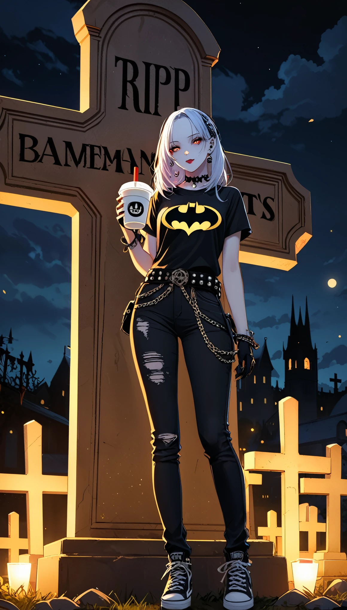 Output 1 Girl, Gothic style, Batman logo t-shirt, Black jeans, Stud waistband, Holding a milk tea cup, In the background is a huge cross tombstone, It says:“R.I.p", night, Lightless, Glowing eyes, Detailed face, White skin, Ear piercing, uhd, anatomically correct, super detail, best quality, highres