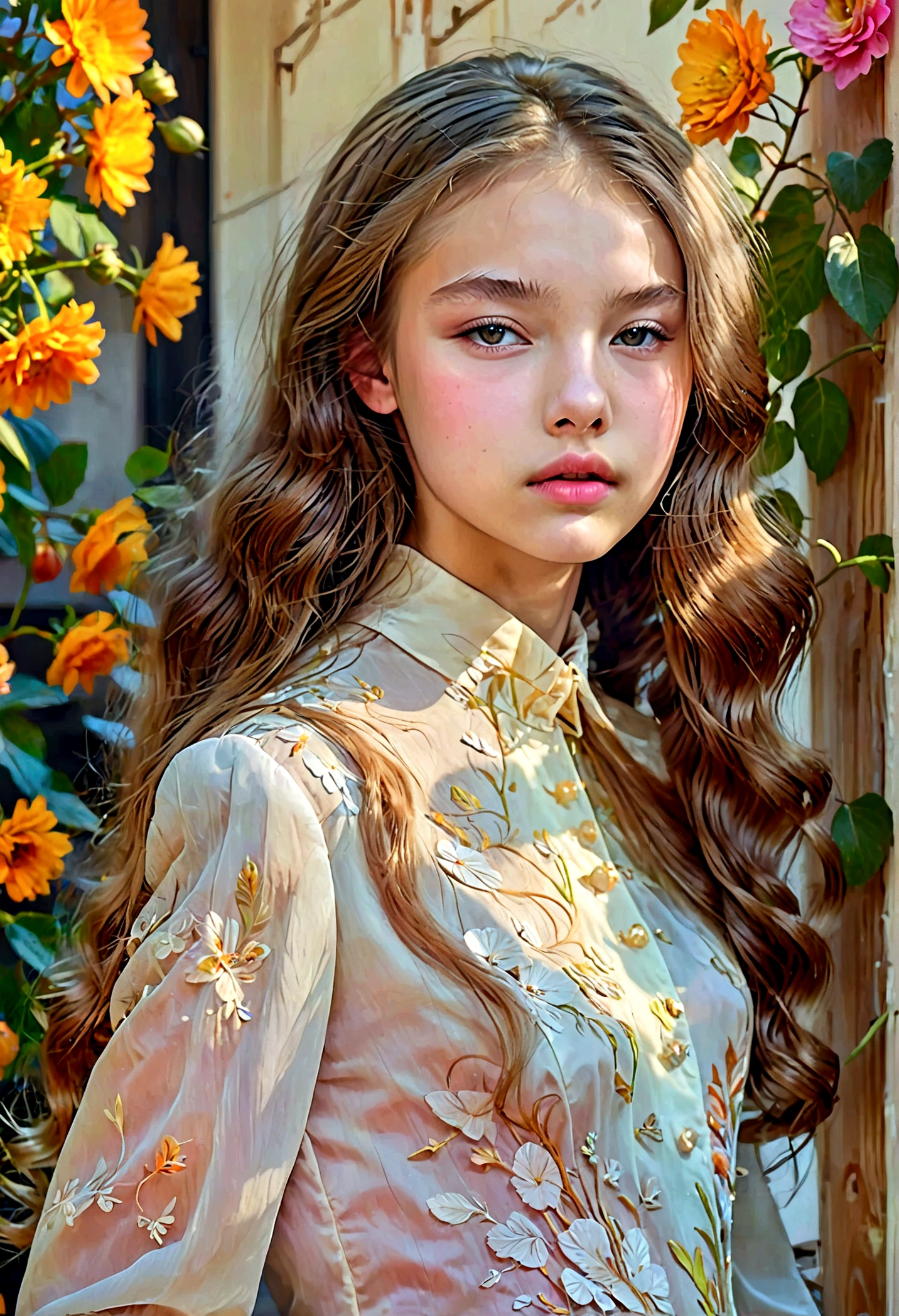 ((Thick wavy long hair that goes down to the hips, Side view of the upper body of an attractive 17-year-old woman_close up angle)), ( perfect body_moderate medium chest, A slender waist, wide pelvis, Beautiful long hair ), ( very beautiful little face_detailed eyes nose mouth ), pale skin, Gorgeous black blouse and white frilly skirt, background_simple nature, elegant portrait, 8K, high resolution, Delicate depictions,