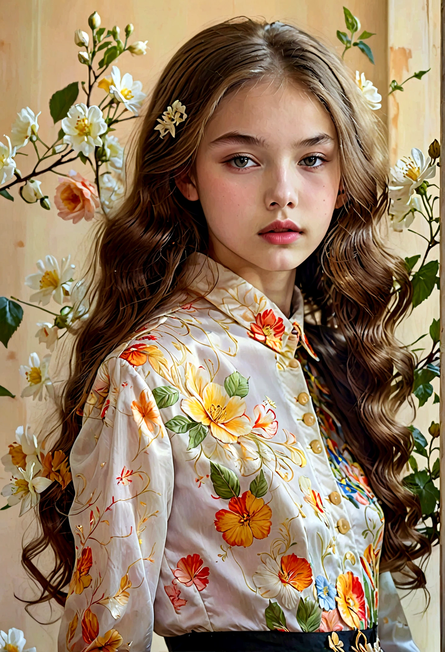 ((Thick wavy long hair that goes down to the hips, Side view of the upper body of an attractive -yeld wo_close up angle)), ( perfect body_moderate medium chest, A slender waist, wide pelvis, Beautiful long hair ), ( very beautiful little face_detailed eyes nose mouth ), pale skin, Gorgeous black blouse and white frilly skirt, background_simple nature, elegant portrait, 8K, high resolution, Delicate depictions,