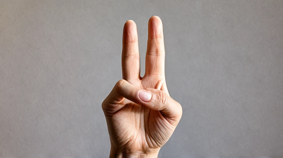 a realistic image of a human hand, which shows the Victory sign. The hand should be clean and well-groomed, with clearly defined fingers and nails. The skin color of the hand should have a natural tone. The hand position should clearly show the victory sign (an upward pointing index finger and middle finger, while the ring finger and little finger are folded in and the thumb slightly overlaps these two fingers) represent. The background should be neutral and blurred, so that the hand remains in focus. The picture should be taken in daylight, to create natural shadows and lights. Please mind that, that the proportions of the hand are correct and aesthetically pleasing."