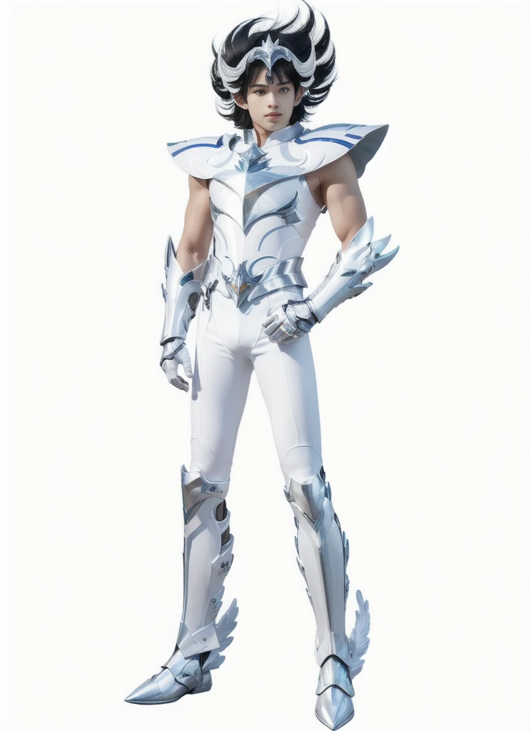 realistic photo, a cartoon of a man in a metal armor with white tight without sleeves underneath, saint seiya, glossy white armor, matt white color armor, white metallic armor, matt white ice color armor, sleek bright white armor, sliver ice color reflected armor, streamlined white armor, with sleek silver armor, official art, full body picture, fullbody shot, full portrait of magical knight, knights of zodiac, Muscular, saint seiya, human and dragon fusion, unreal engine render saint seiya, official art, full body savage devilman, greek god in mecha style, kentaro miura art style, kentaro miura manga art style, clean cel shaded