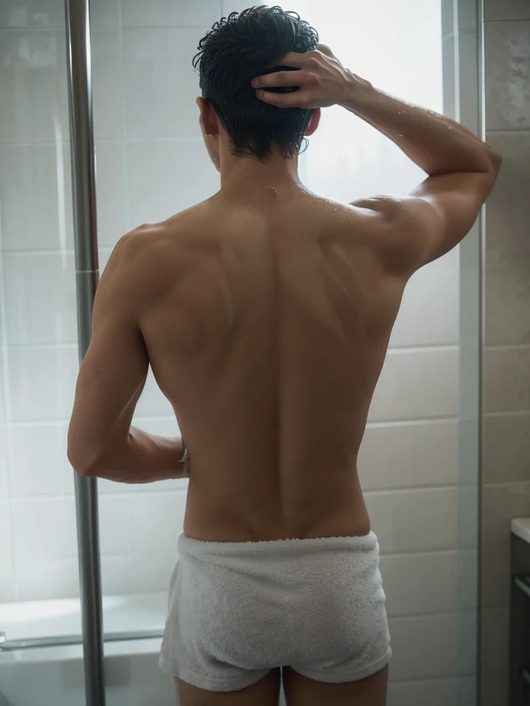 There was a man standing in the shower and wearing a towel., back - shoot, Backshot, The video is still there., His back is turned., movie screenshot, with his back turned, water dripping from him, under the shower, 4 0 9 6, Inspired by Adam Dario Kiel, Zoom out, Only the head and shoulders, shoot back